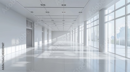 Spacious Modern Office Corridor with Natural Light. A well-lit  modern office corridor featuring reflective marble floors and a series of tall windows allowing natural light to enhance the airy space.