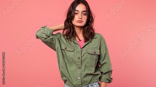 A picture of a happy, cute young lady with green shirt, hands, arms, and pockets set on a pink backdrop, Generative AI. © Lipy