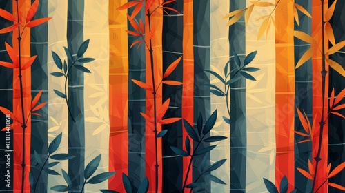 Vibrant bamboo forest pattern with alternating red and yellow hues, perfect for backgrounds, textiles, and artistic design purposes.