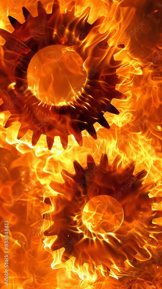 Fiery gears ablaze with intense flames Fiery gears ablaze with intense flames