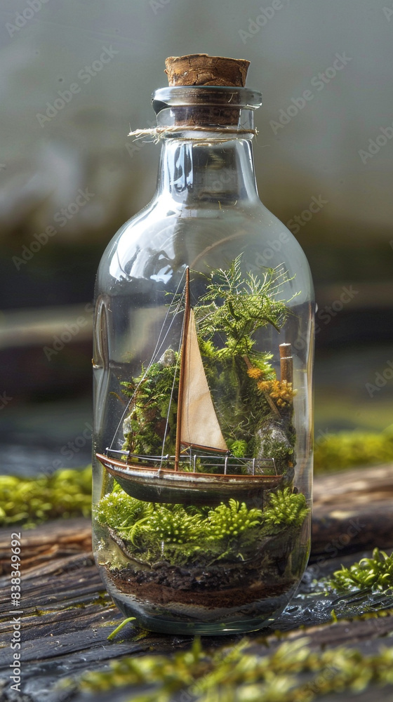 Miniaturboot in einer Flasche, moosbewachsen Miniaturboot in einer Flasche, moosbewachsen