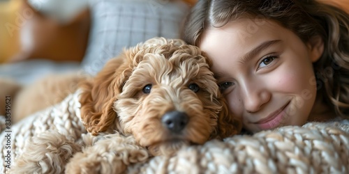 A labradoodle puppy brings joy to a smiling girl indoors. Concept Pets, Animals, Joy, Happiness, Indoors photo