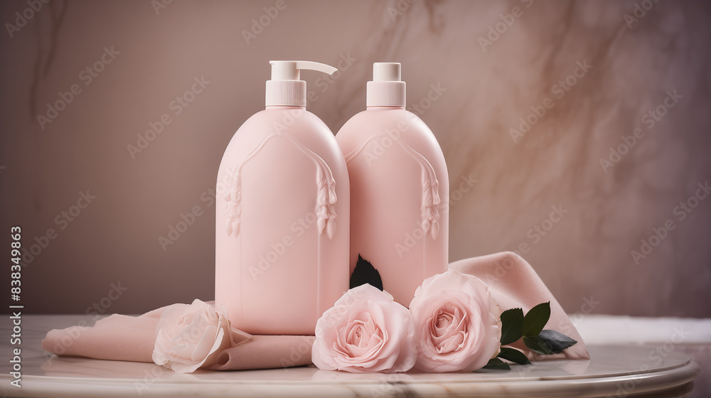 two pale pink shampoo bottles are placed next to the rock and pale pink roses and white camellias. two pale pink shampoo bottles are placed next to the rock and pale pink roses and white camellias.