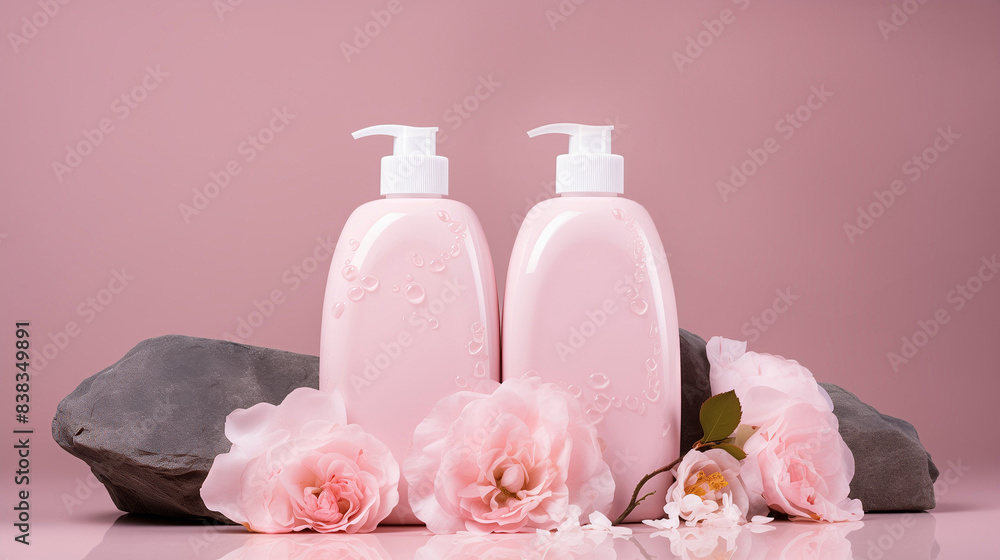 two pale pink shampoo bottles are placed next to the rock and pale pink roses and white camellias. two pale pink shampoo bottles are placed next to the rock and pale pink roses and white camellias.