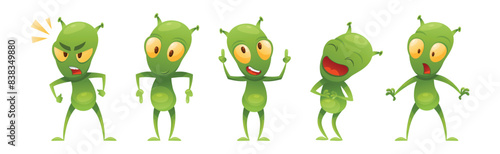 Funny Green Alien Character with Big Eyes and Small Antenna on Head Engaged in Different Action Vector Set