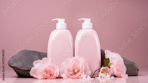 two pale pink shampoo bottles are placed next to the rock and pale pink roses and white camellias. 