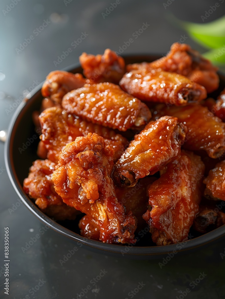 Close Up of Crispy Glazed Chicken Wings in a Black Bowl. Generative AI Close Up of Crispy Glazed Chicken Wings in a Black Bowl. Generative AI