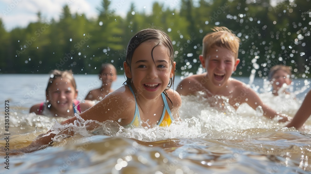 Joyful Children Splashing In Summer Lake Water. Generative AI Joyful Children Splashing In Summer Lake Water. Generative AI