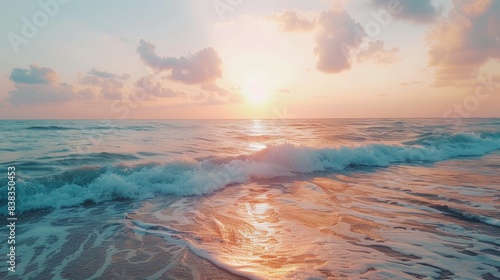 Tranquil ocean sunset with golden hues and gentle waves