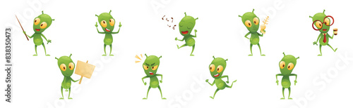 Funny Green Alien Character with Big Eyes and Small Antenna on Head Engaged in Different Action Vector Set