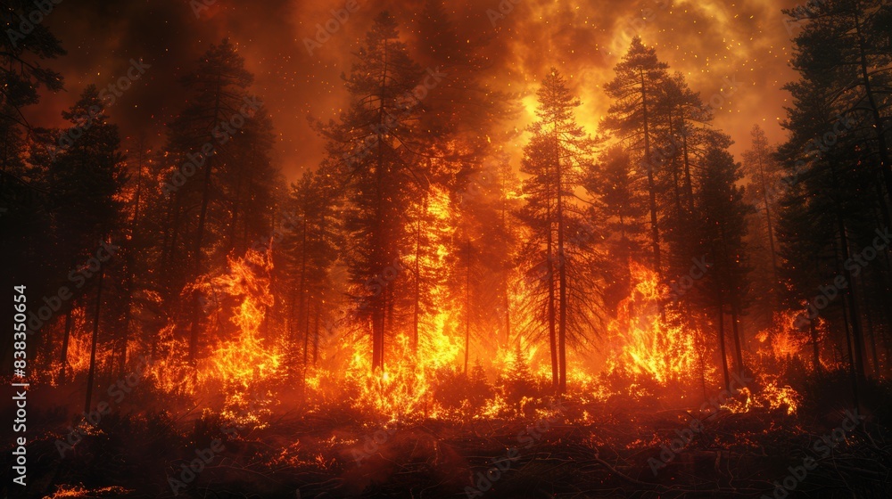 A forest incinerated by fire. Forest fire, forest on fire. Fire Hazard A forest incinerated by fire. Forest fire, forest on fire. Fire Hazard