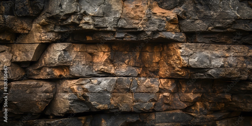 Fototapeta premium Rough Stone Wall Texture Closeup In Sunlight. Generative AI