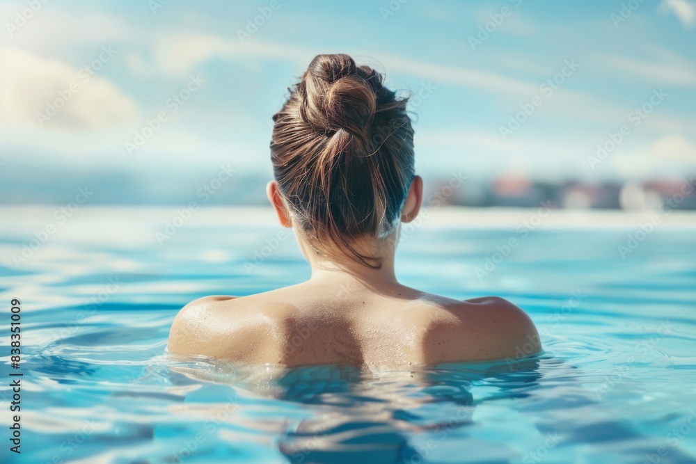 Serene young woman enjoying a tranquil swim in a clear blue pool