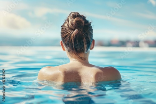Serene young woman enjoying a tranquil swim in a clear blue pool © volga
