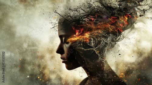 Surreal Fragility and Sensible soul, woman tenderness concept woman burning from inside.