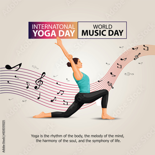 international yoga day and world music day. yoga body posture. Woman practicing yoga. vector illustration design