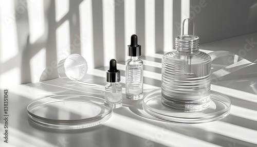 Minimalist flat lay with glass skincare products, clear bottles with droppers, and petri dishes on a white background
