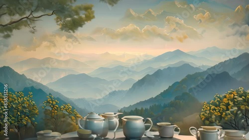 A painting of a tea set placed on a table, showcasing delicate teacups, saucers, a teapot, and sugar bowl, A serene landscape painting featuring a serene tea ceremony with elegant teapots and cups photo