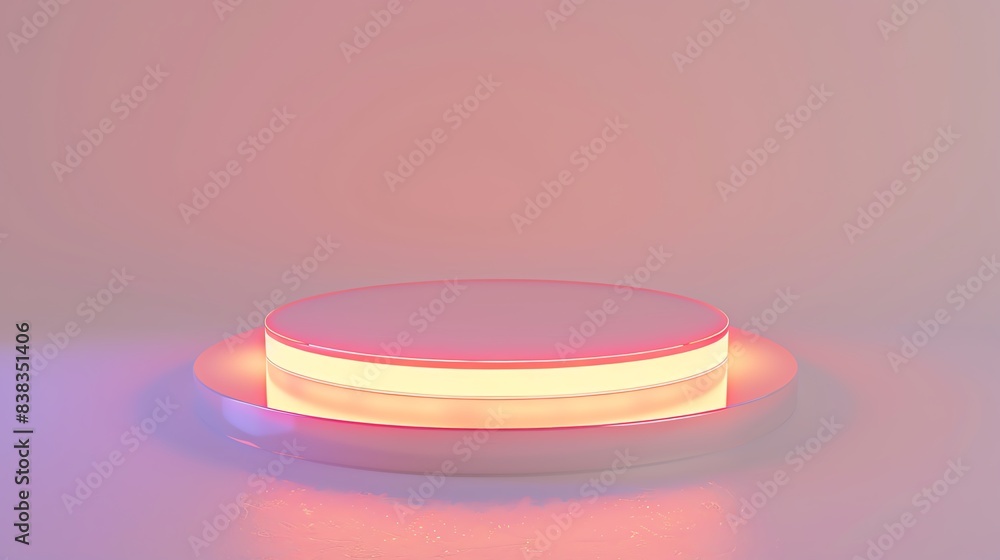 Minimalist pink neon illuminated podium on pink background, ideal for product showcase or modern design presentations. Minimalist pink neon illuminated podium on pink background, ideal for product showcase or modern design presentations.