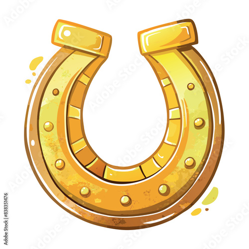 A gold horseshoe with a white background. The horseshoe is open and has a lot of holes