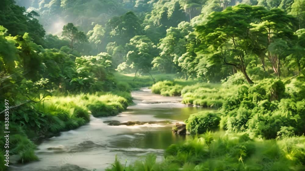 A river flows through a dense, green forest teeming with life and vibrant vegetation, A serene landscape with a flowing river and lush greenery A river flows through a dense, green forest teeming with life and vibrant vegetation, A serene landscape with a flowing river and lush greenery