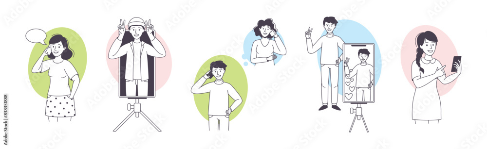 Man and Woman Blogger Character with Smartphone Making Internet Content Vector Set Man and Woman Blogger Character with Smartphone Making Internet Content Vector Set