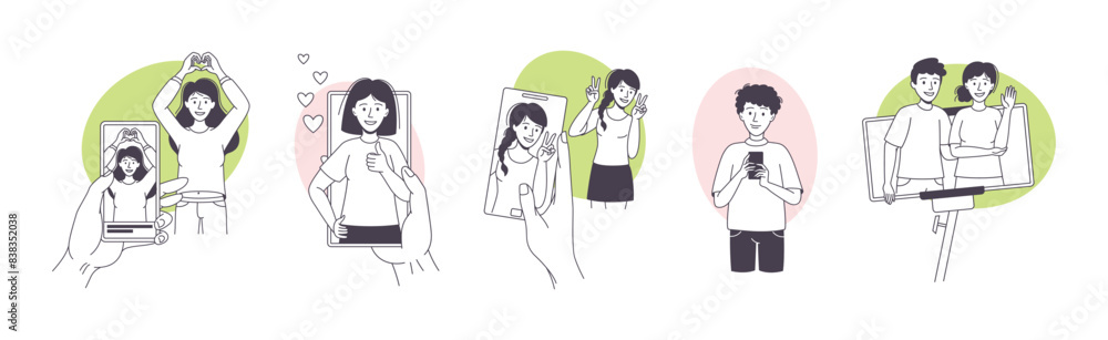 Man and Woman Blogger Character with Smartphone Making Internet Content Vector Set Man and Woman Blogger Character with Smartphone Making Internet Content Vector Set