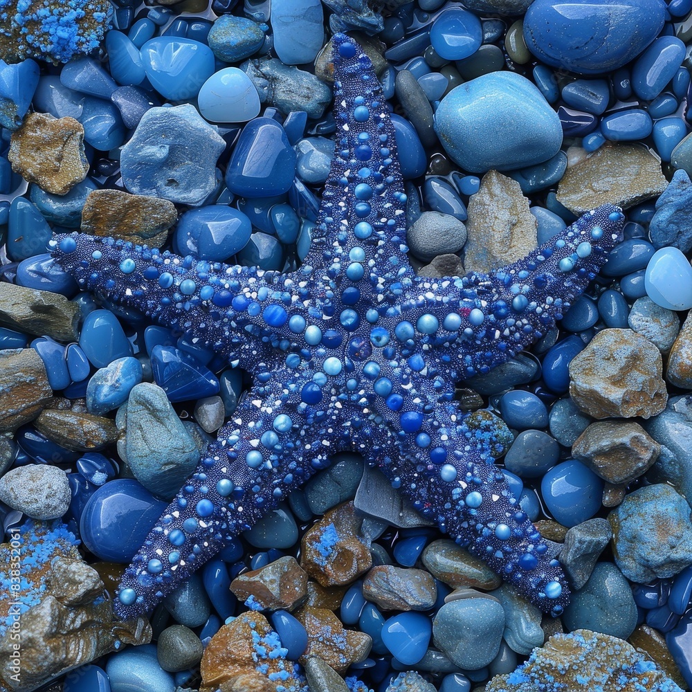 a blue starfish sitting in a pile of blue sand and pebbles a blue starfish sitting in a pile of blue sand and pebbles