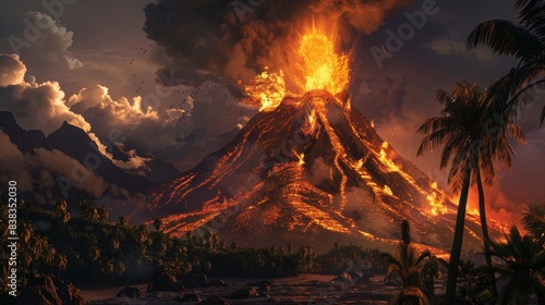 Volcanic eruption in the tropics, lava, ash, smoke photo