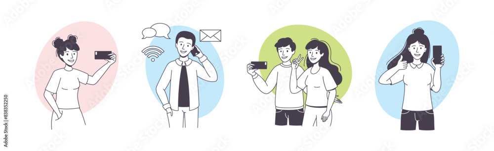 Man and Woman Blogger Character with Smartphone Making Internet Content Vector Set Man and Woman Blogger Character with Smartphone Making Internet Content Vector Set