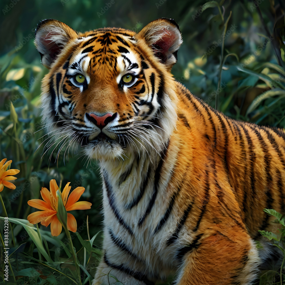 Obraz premium a regal baby tiger as the focal point, exuding grace and elegance. The tiger's striking eyes gleam brightly, contrasting with its soft fur and delicate posture. 