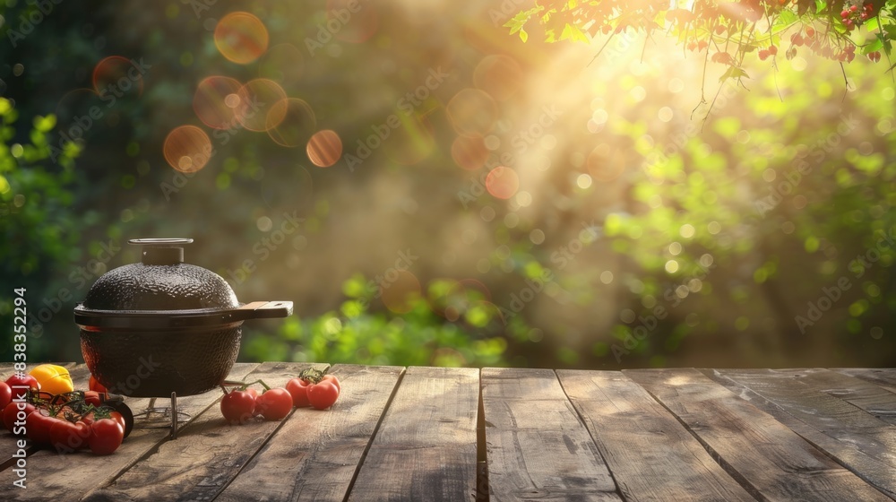 Table with summer background and barbecue grill and copy space Table with summer background and barbecue grill and copy space