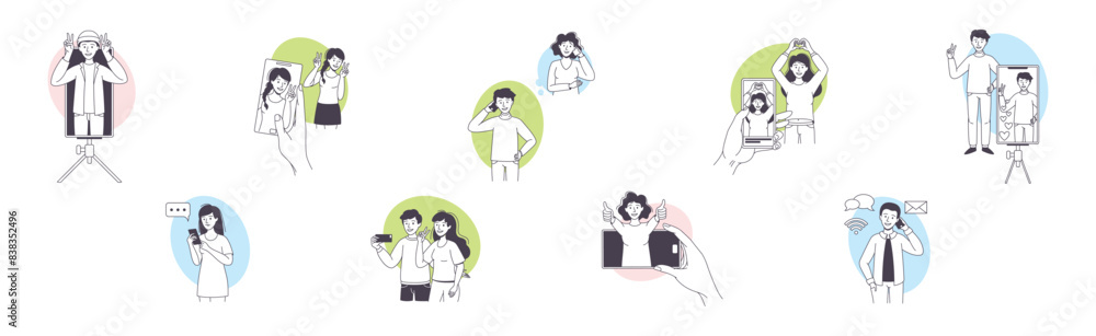 Man and Woman Blogger Character with Smartphone Making Internet Content Vector Set Man and Woman Blogger Character with Smartphone Making Internet Content Vector Set