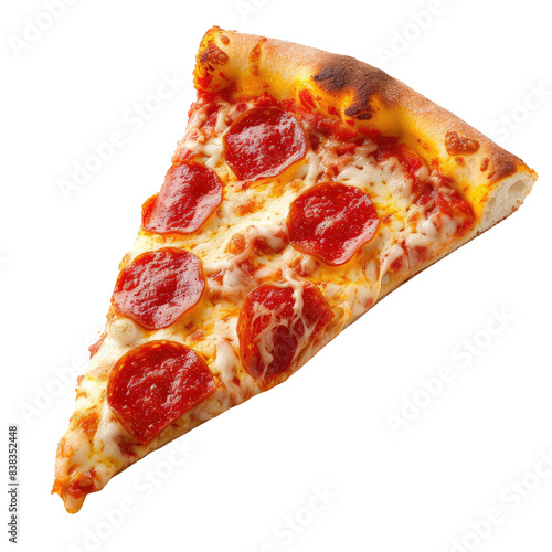A slice of pizza with pepperoni, cheese and tomato sauce isolated on transparent background