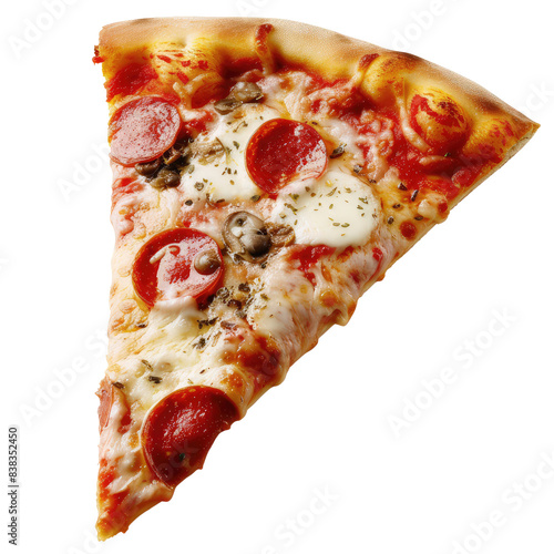 A slice of pizza with pepperoni, mushrooms, and mozzarella cheese isolated on transparent background