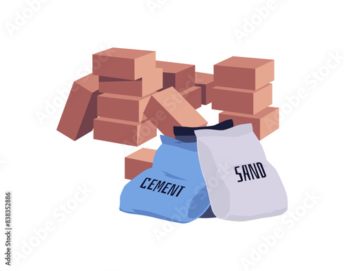 Vector flat illustrations of red bricks, bags of cement and sand.