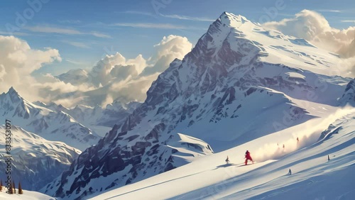 A man is skiing down the side of a snow covered slope, A serene mountain landscape with a snowboarder carving fresh tracks in the snow