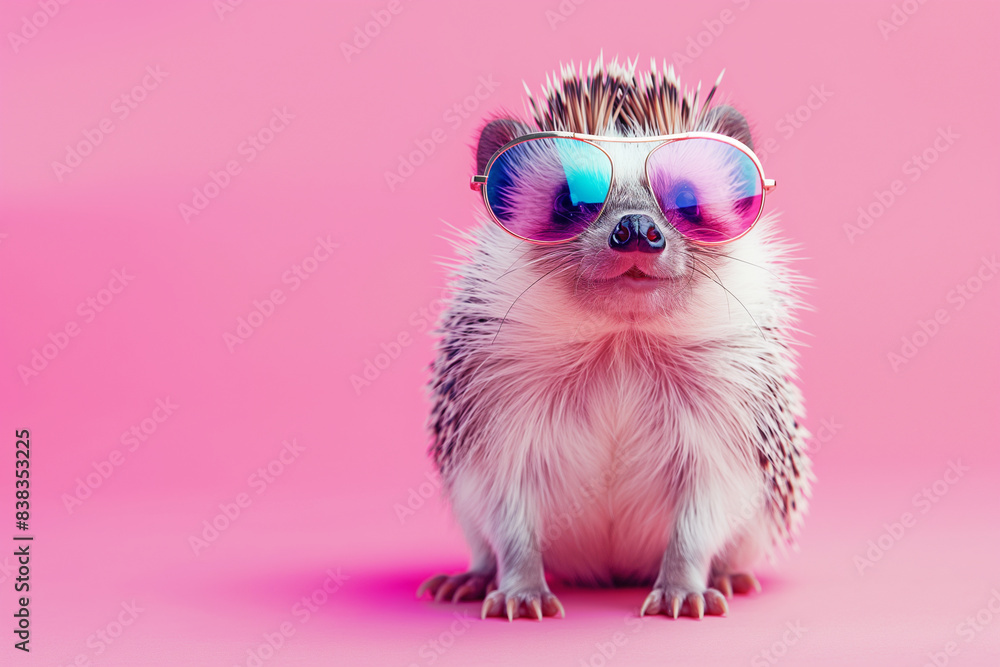 Fototapeta premium Pink hedgehog wearing colorful bright glasses on a pink background