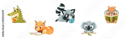 Cute Animals Reading Book Enjoying Interesting Story Vector Set
