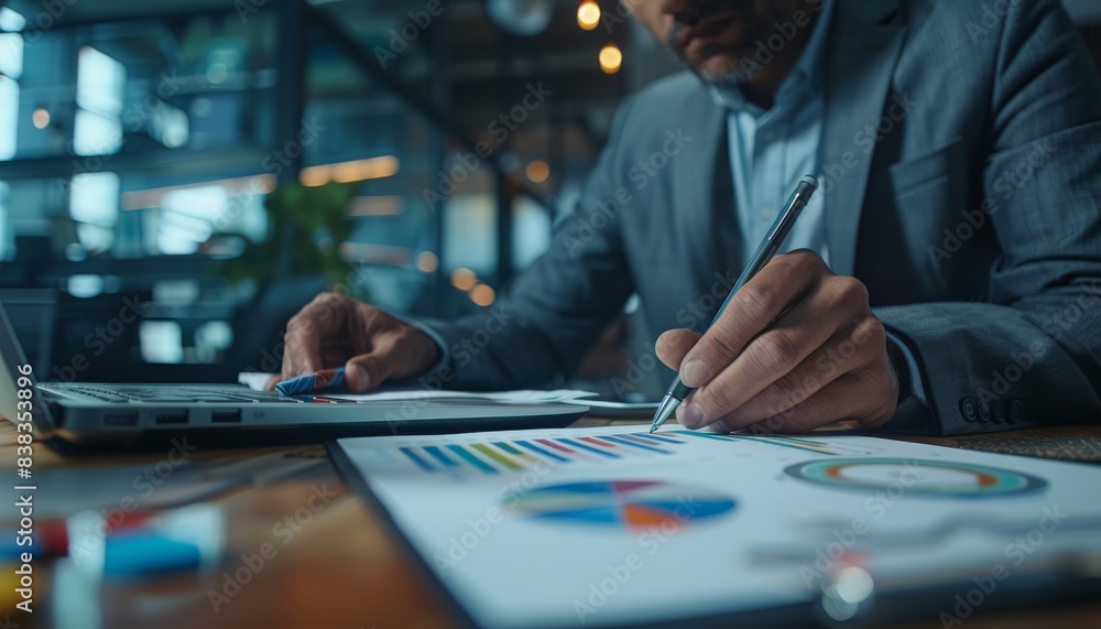 A designer is holding a pen and color swatches, looking at a table with colorful graphs of data on it while working in a design studio A designer is holding a pen and color swatches, looking at a table with colorful graphs of data on it while working in a design studio