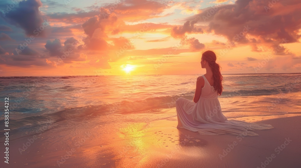 product photo of serene lady on the beach, watching a stunning sunset AI generated product photo of serene lady on the beach, watching a stunning sunset AI generated