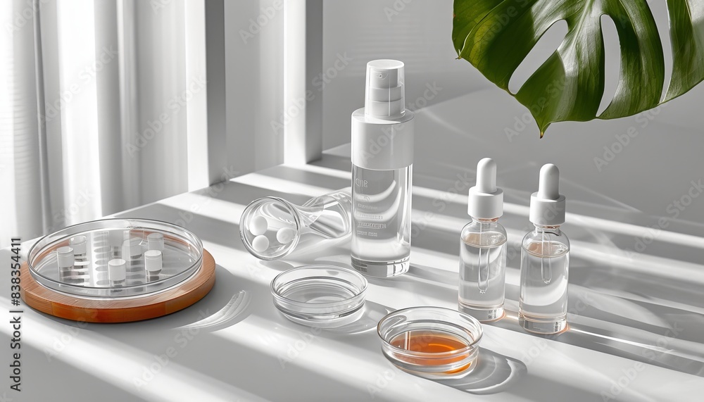 Fototapeta premium Skincare product flat lay with clear glass bottles and dropper tops, white background, and petri dishes
