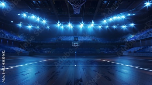 Panoramic view of an empty and serene nighttime basketball stadium,with a brightly illuminated court and dramatic arena lighting creating a tranquil and atmospheric sports venue. photo