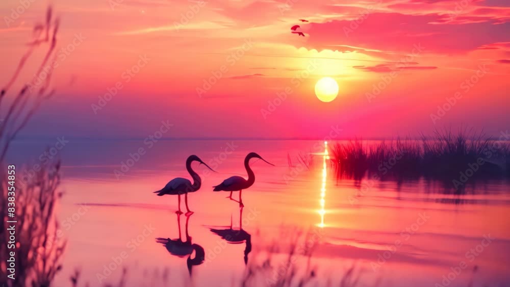 Two flamingos in silhouette, standing in water, under a sunset sky, A serene sunset scene with silhouettes of flamingos in the background Two flamingos in silhouette, standing in water, under a sunset sky, A serene sunset scene with silhouettes of flamingos in the background