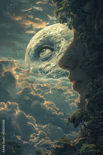 A surreal dreamscape where clouds take the form of fantastical creatures and the moon is a giant eye.