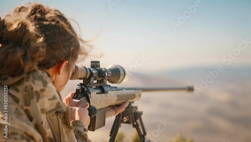 Woman in focused stance, aiming rifle equipped with scope, A shooter adjusting their stance for better stability