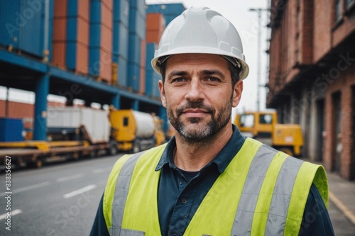 Wallpaper Mural portrait of Confident male dock worker on street at industry background Torontodigital.ca