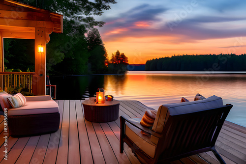 Two wooden deck chairs sit on a balcony overlooking a calm lake at sunset. A fire pit sits between the chairs. This image is ideal for vacation rentals, lakefront living, and relaxing outdoor spaces.