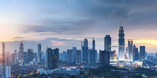 Panoramic View of Kuala Lumpur Skyline with Illuminated Skyscrapers at Twilight. Concept Cityscape Photography  Urban Landmarks  Architectural Wonders  Magical Sunset Views 