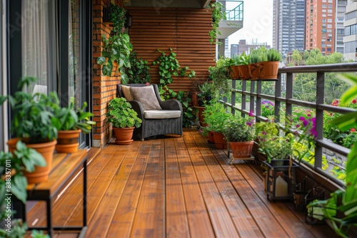 A modern balcony with wooden flooring  adorned with potted plants and lush greenery  offering an inviting outdoor space for relaxation or social gatherings.